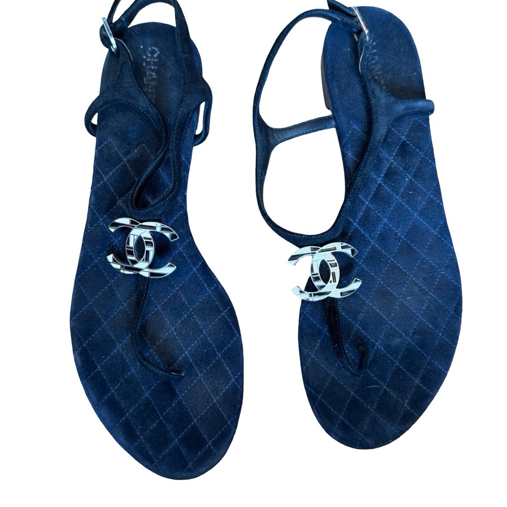 CHANEL Navy Sandals with Silver Accents “CC” logo